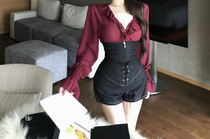 Two-Tone Ruffle-Trim V-Neck Sleeved Blouse + Lace-Up Shorts