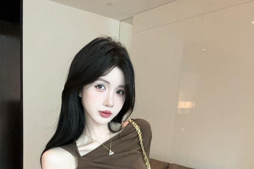 Plain Ruched Cold-Shoulder Sleeved T-Shirt