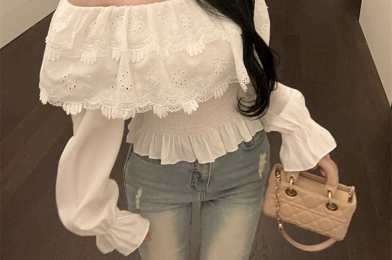 Long-Sleeve Off Shoulder Plain Lace Panel Blouse