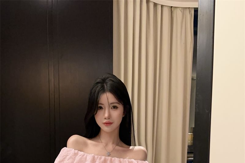 Long-Sleeve Off Shoulder Plain Lace Panel Blouse