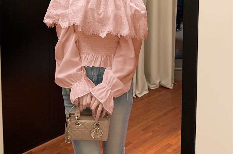 Plain Lace-Panel Off-Shoulder Sleeved Blouse