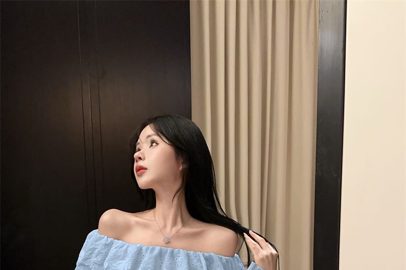 Plain Lace-Panel Off-Shoulder Sleeved Blouse