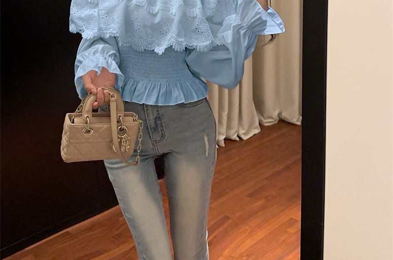 Plain Lace-Panel Off-Shoulder Sleeved Blouse