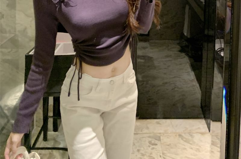 Plain Drawstring Off-Shoulder Sleeved T-Shirt