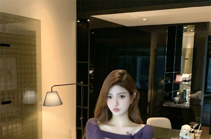 Plain Drawstring Off-Shoulder Sleeved T-Shirt