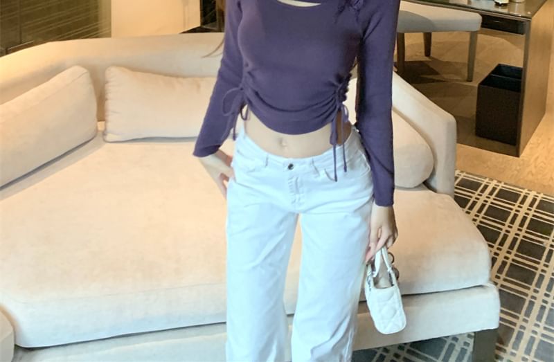 Plain Drawstring Off-Shoulder Sleeved T-Shirt