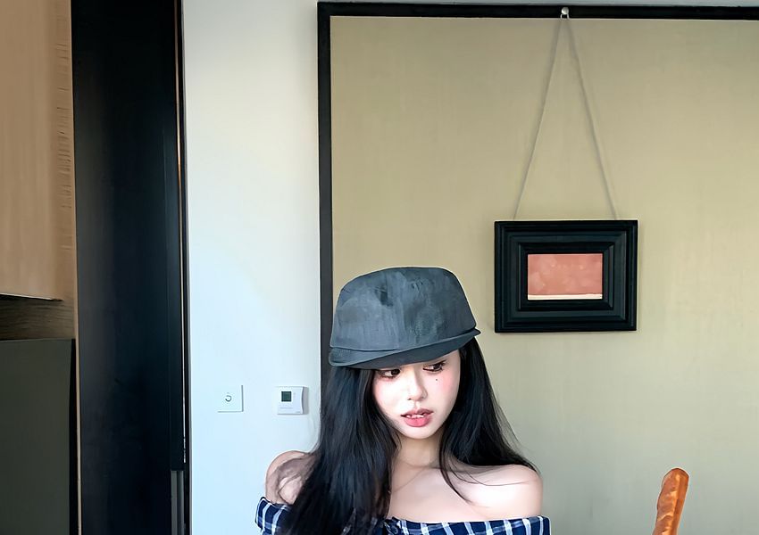 Off-Shoulder Long-Sleeved Mock Two-Piece Top & Plaid High-Waisted Mini A-Line Skirt
