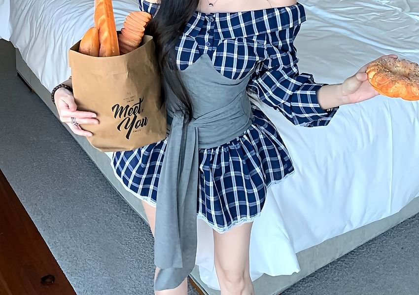 Off-Shoulder Long-Sleeved Mock Two-Piece Top & Plaid High-Waisted Mini A-Line Skirt