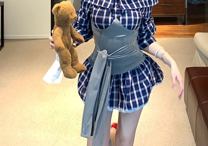 Off-Shoulder Long-Sleeved Mock Two-Piece Top & Plaid High-Waisted Mini A-Line Skirt