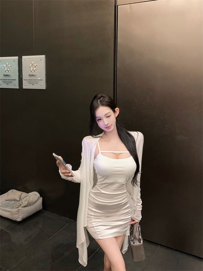 Scoop-Neck Spaghetti-Strap Cami & Ruched High-Waisted Mini Pencil Skirt with Long Light Jacket