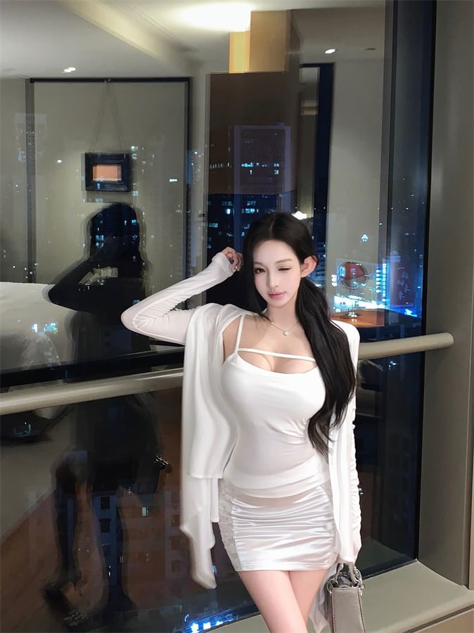 Scoop-Neck Spaghetti-Strap Cami & Ruched High-Waisted Mini Pencil Skirt with Long Light Jacket