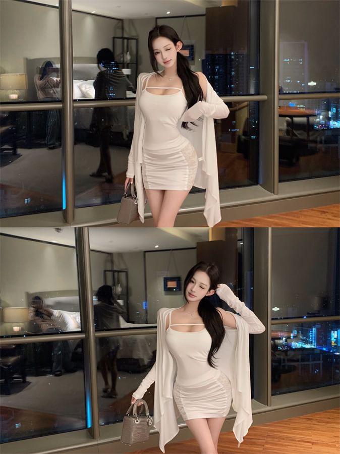 Scoop-Neck Spaghetti-Strap Cami & Ruched High-Waisted Mini Pencil Skirt with Long Light Jacket