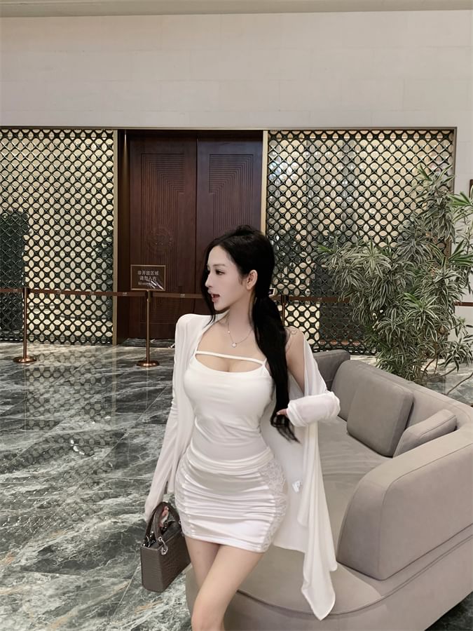 Scoop-Neck Spaghetti-Strap Cami & Ruched High-Waisted Mini Pencil Skirt with Long Light Jacket