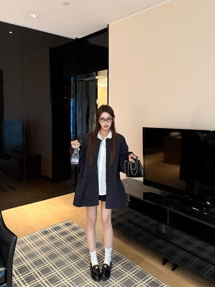 Long-Sleeve Plain Lace Trim Shirt & Trench Jacket