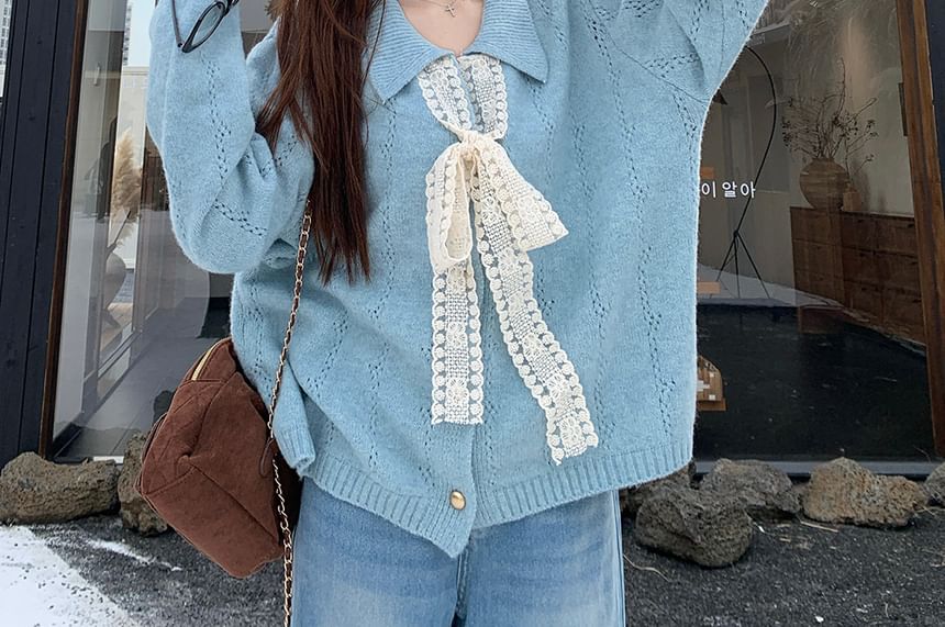Collar Plain Lace Trim Cardigan