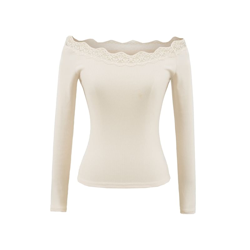 Long-Sleeve Off-Shoulder Lace Trim Slim Fit Tee