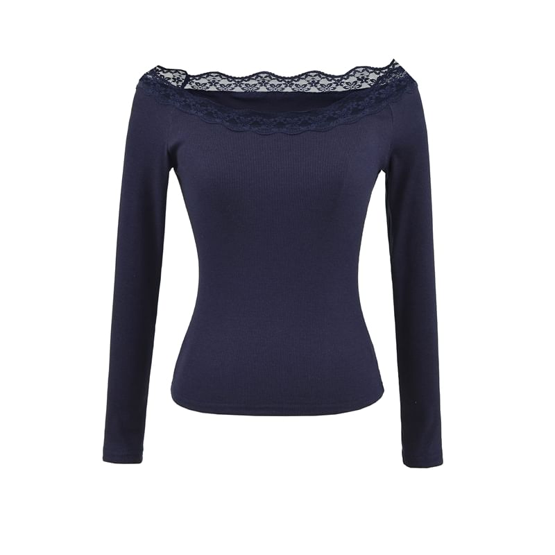 Long-Sleeve Off-Shoulder Lace Trim Slim Fit Tee