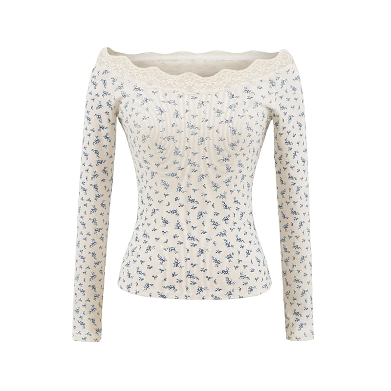 Off-Shoulder Lace-Trimmed Slim-Fit Long-Sleeved Tee