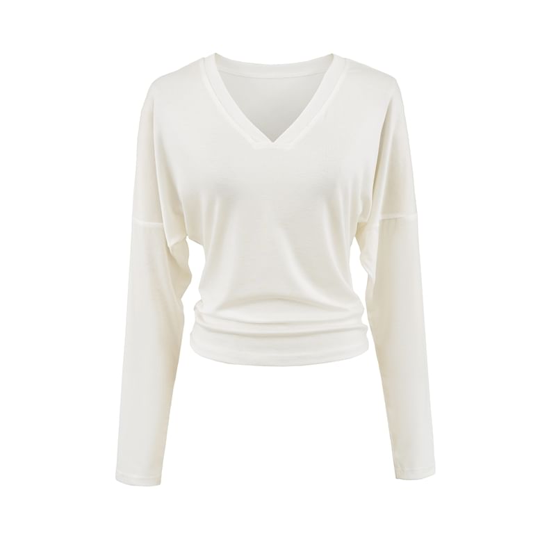 Plain V-Neck Long-Sleeved Casual T-Shirt