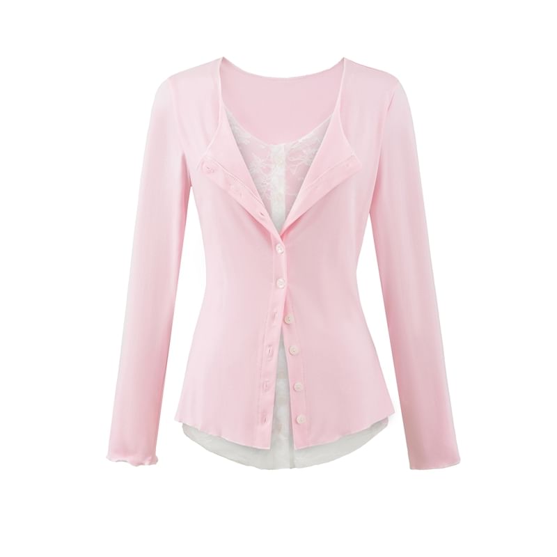 Mock Two-Piece Lace-Panel Long-Sleeved Button T-Shirt