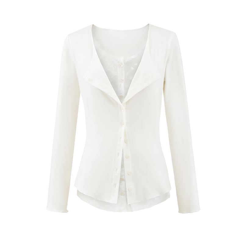 Mock Two-Piece Long-Sleeve Lace Panel Button T-Shirt