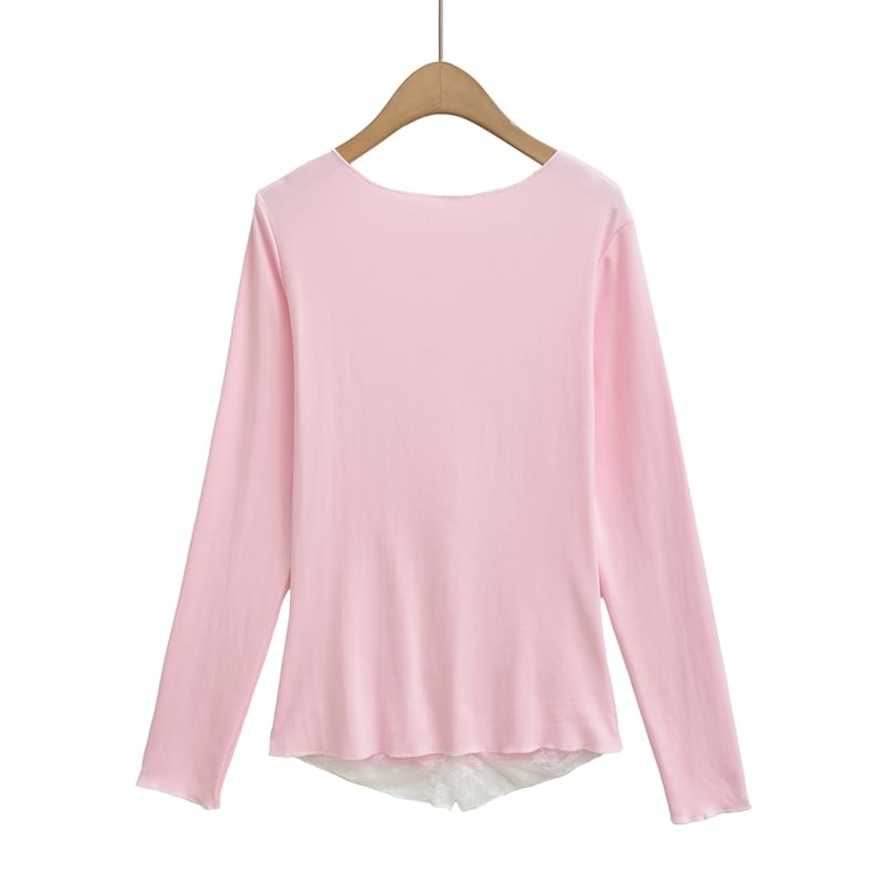 Mock Two-Piece Lace-Panel Long-Sleeved Button T-Shirt