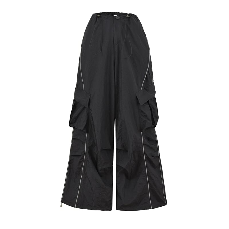 Drawstring Waist Plain Ruched Wide Leg Cargo Pants