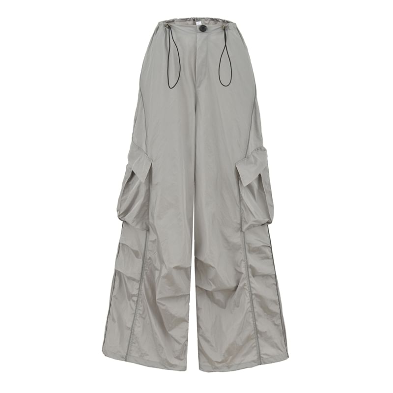 Drawstring Waist Plain Ruched Wide Leg Cargo Pants