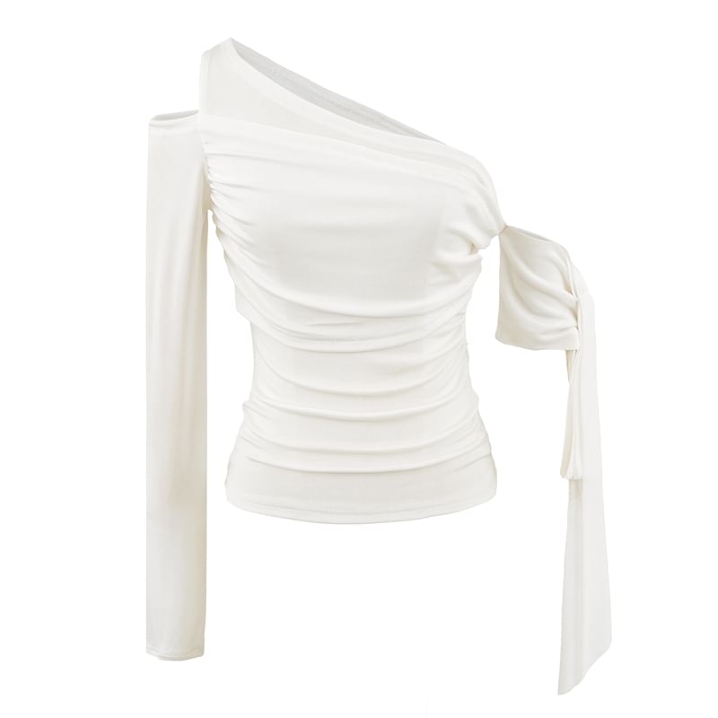 Cutout Ruched One-Shoulder Asymmetric-Neck Slim-Fit Long-Sleeved Tee