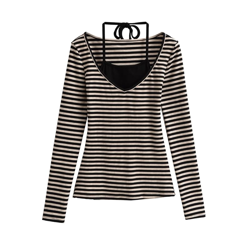 Striped Slim-Fit Mock Two-Piece Halter Long-Sleeved Tee