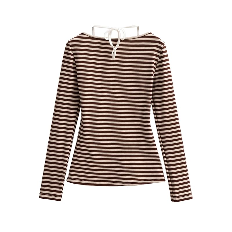 Striped Slim-Fit Mock Two-Piece Halter Long-Sleeved Tee