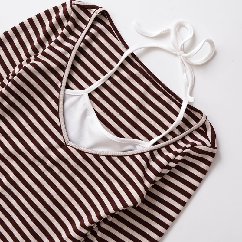 Striped Slim-Fit Mock Two-Piece Halter Long-Sleeved Tee