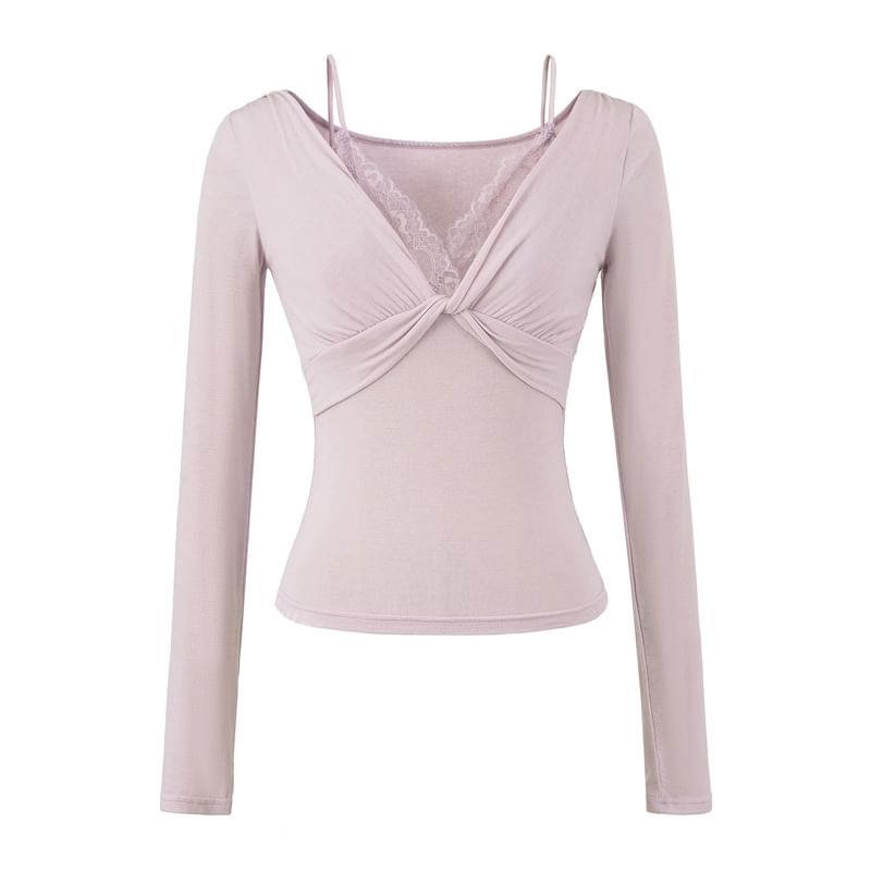 Mock Two-Piece Long-Sleeve V-Neck Plain Knot Lace Panel Slim Fit T-Shirt