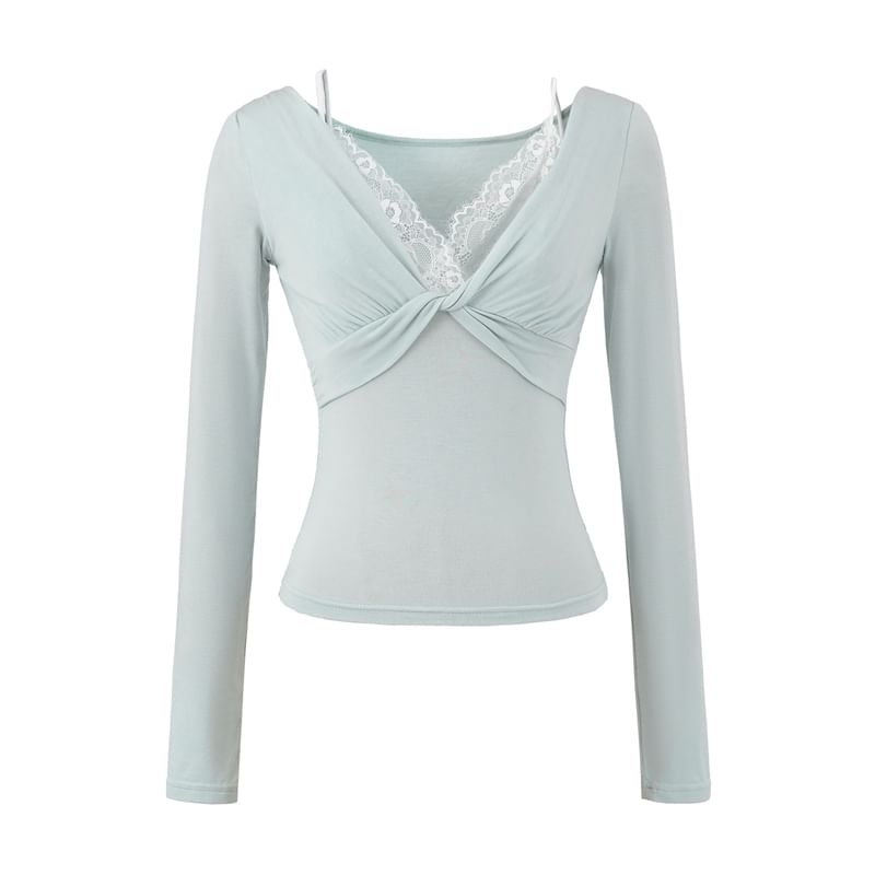 Knot Lace-Paneled Mock Two-Piece V-Neck Slim-Fit Long-Sleeved Tee