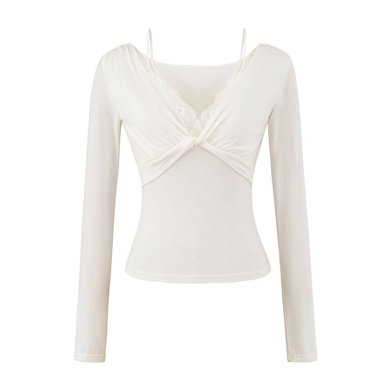 Knot Lace-Paneled Mock Two-Piece V-Neck Slim-Fit Long-Sleeved Tee