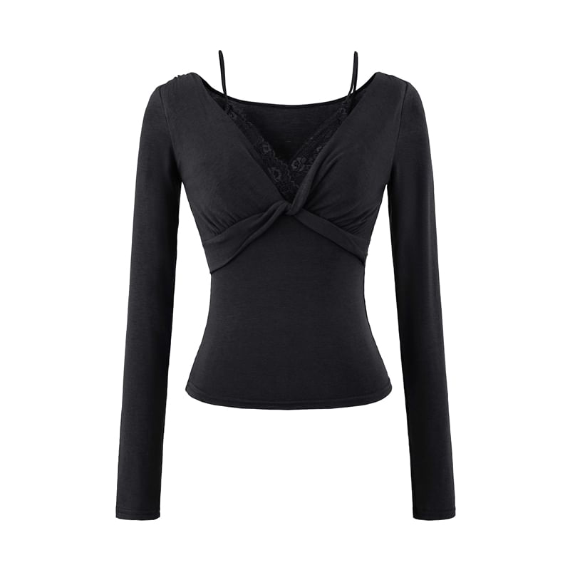 Knot Lace-Paneled Mock Two-Piece V-Neck Slim-Fit Long-Sleeved Tee