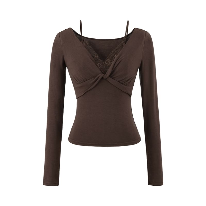Mock Two-Piece Long-Sleeve V-Neck Plain Knot Lace Panel Slim Fit T-Shirt