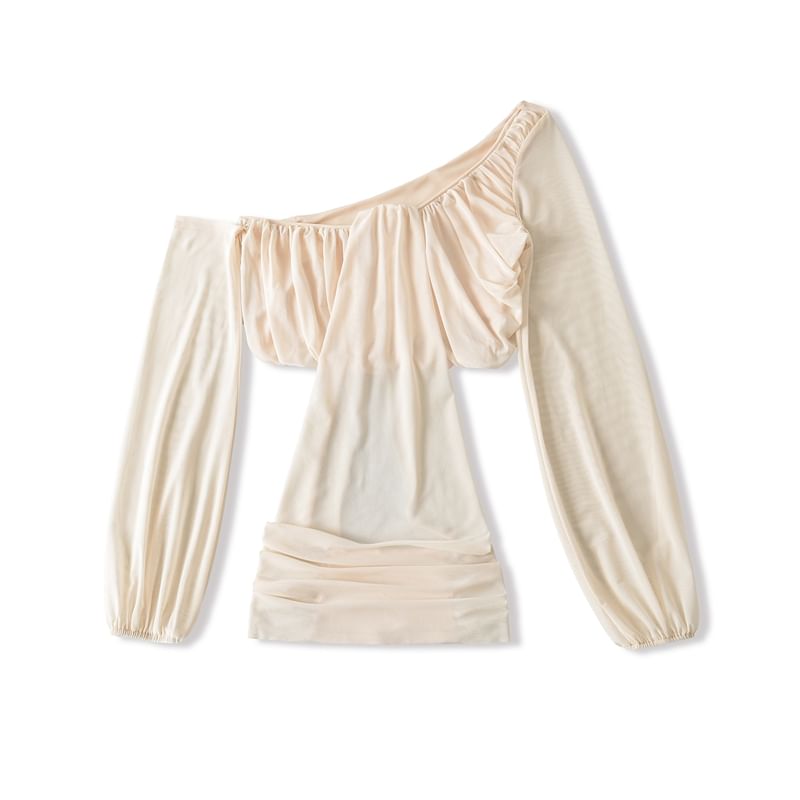 Plain Mesh Cropped Off-Shoulder Asymmetric-Neck Long-Sleeved Top