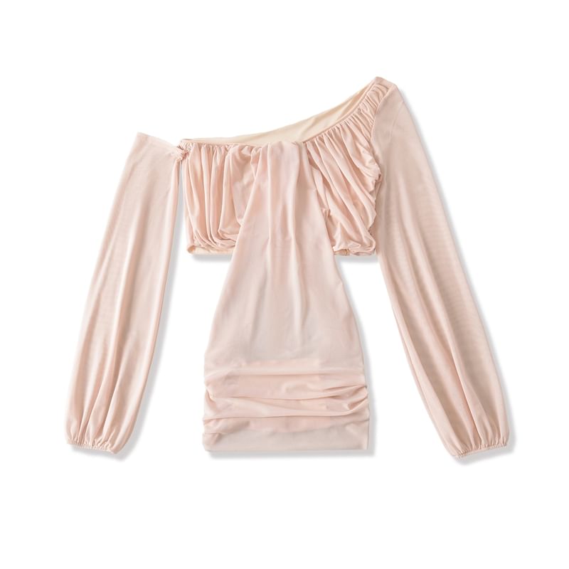 Plain Mesh Cropped Off-Shoulder Asymmetric-Neck Long-Sleeved Top