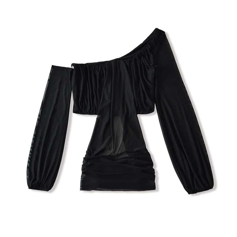 Plain Mesh Cropped Off-Shoulder Asymmetric-Neck Long-Sleeved Top