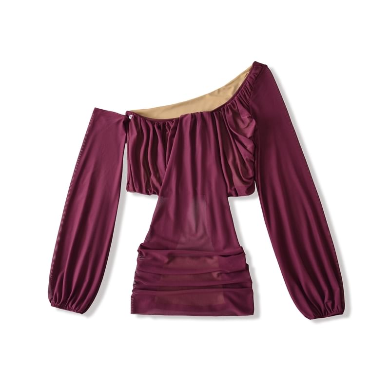 Plain Mesh Cropped Off-Shoulder Asymmetric-Neck Long-Sleeved Top