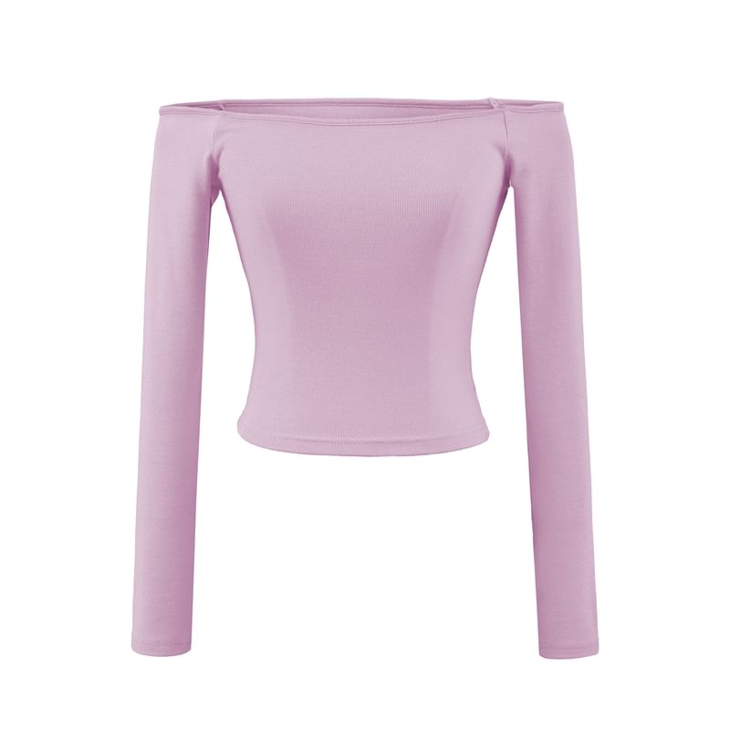 Plain Cropped Slim-Fit Off-Shoulder Long-Sleeved T-Shirt