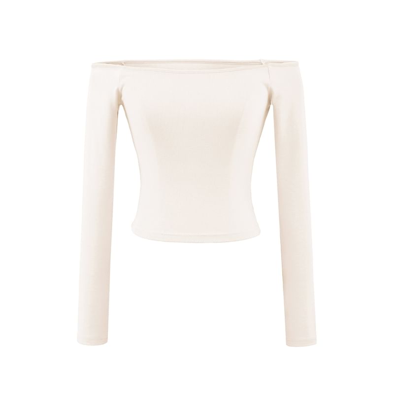 Plain Cropped Slim-Fit Off-Shoulder Long-Sleeved T-Shirt