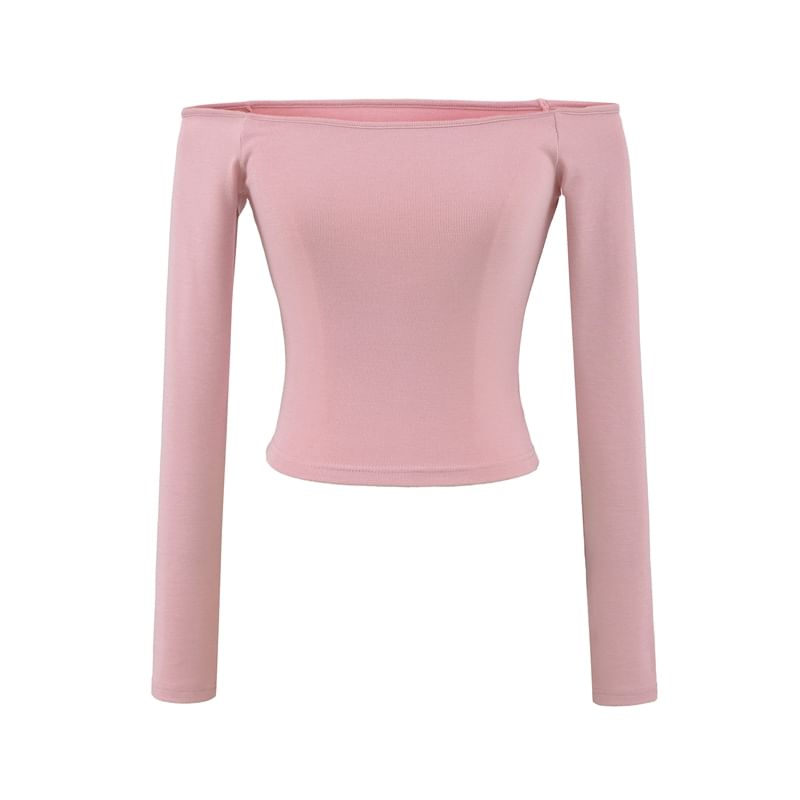 Plain Cropped Slim-Fit Off-Shoulder Long-Sleeved T-Shirt