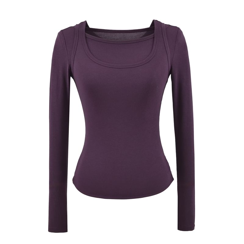 Mock Two-Piece Square-Neck Long-Sleeved Slim-Fit Tee