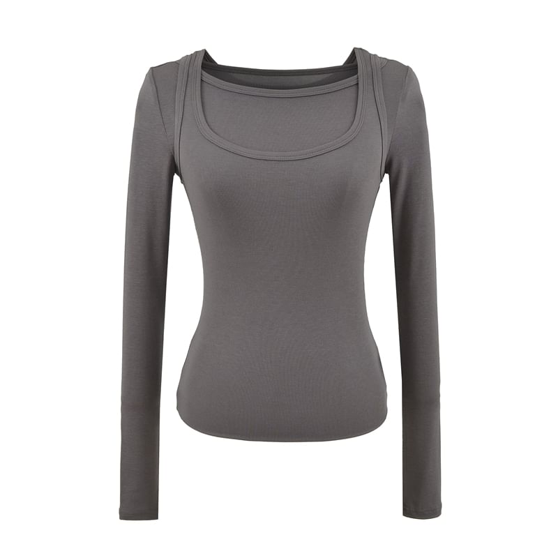 Mock Two-Piece Square-Neck Long-Sleeved Slim-Fit Tee