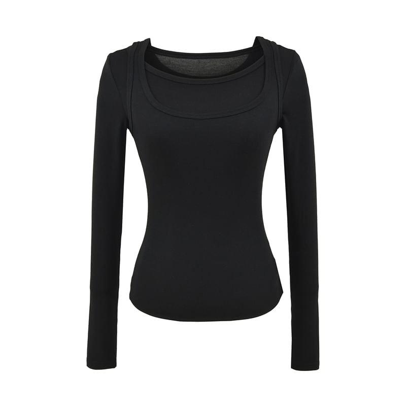 Mock Two-Piece Square-Neck Long-Sleeved Slim-Fit Tee