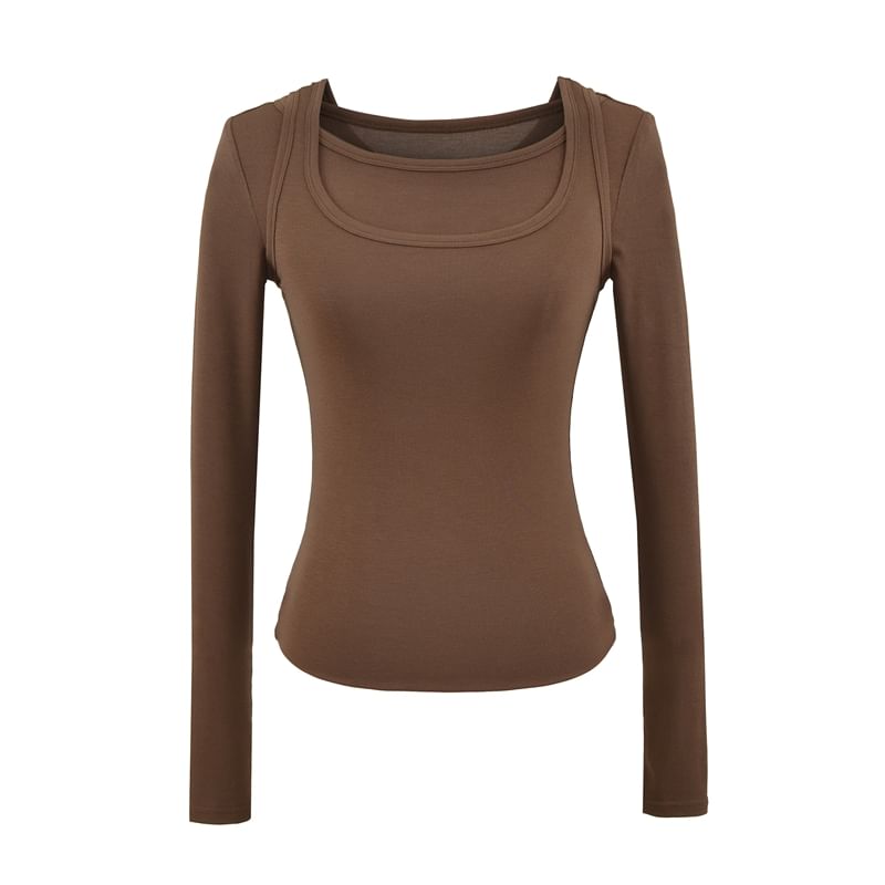 Mock Two-Piece Square-Neck Long-Sleeved Slim-Fit Tee
