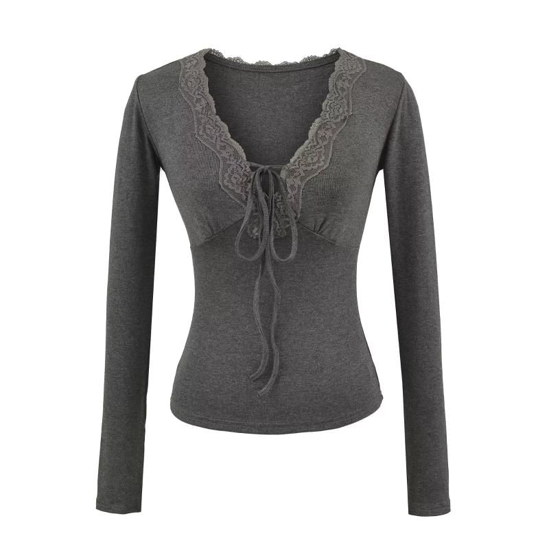 Long-Sleeve V-Neck Plain Lace Trim Tee