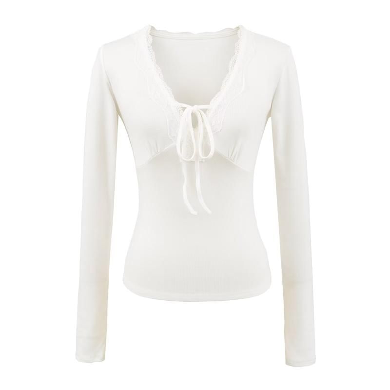 Long-Sleeve V-Neck Plain Lace Trim Tee